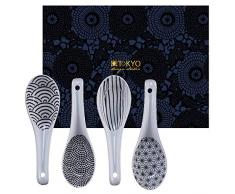 TOKYO design studio Nippon Cuillère à Soupe Noire Set Noir-Blanc, 4 pièces, 4X cuillère Asiatique, 13,8 x 4,8 cm, Porcelaine Asiatique, Design Japonais, INCL. boîte Cadeau