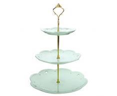 Présentoir à Gâteau, MALACASA, Série Sweet.Time, Hauteur 36,8cm 3 Étages Rond Vert en Céramique Porcelaine 15,2cm & 20,3cm & 25,4cm avec Poignée Doré