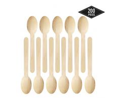 200 Premium Cuillères à Café En Bois Couverts - Jetable Biodégradable Compostable, 100% Bois Naturel, Robuste - Alternative Élégant au Plastique| Dégustation de Dessert BBQ Pique-niques Anniversaires