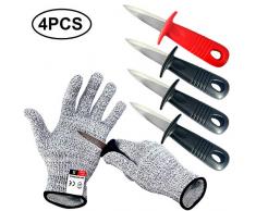 Couteau à huîtres BXIO avec gants résistants aux coupures, ouvre-porte pour ouvrir les ustensiles de cuisine Couteaux à huîtres noirs et rouges, 4 pièces et 1 paire de gants