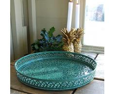 Grand plateau rond en métal vert oriental.