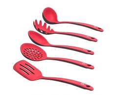 Levivo Set daccessoires/ustensiles de cuisine en silicone composé de 5 couverts, spatule, écumoire, louche, cuillère à spaghetti, cuillère à sauce, rouge/gris