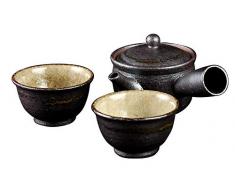 Yamakiikai Shigaraki Japonais en céramique pour 2 Théière Japonaise Kyusu 230 CC Noir avec 2 Tasses à thé 50 ML Fabriqué au Japon Sum-3