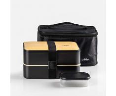 Atthys® Lunch Box Bambou Noir + Sac Isotherme Bento Japonais Design 3 Couverts | Bento Box 2 Compartiments Hermétiques 1200 ML | Micro-Ondes Lave-Vaisselle | Boîte Déjeuner Bois Adulte ou Enfant