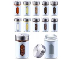 Pot a Epice - 12 Bocaux à épices Blanches en Inox de 80ml - Avec Vue sur le pot et 3 Modes de Saupoudrage