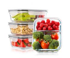 Lot de 4 Boite Repas Verre Lunch Box, 2 Compartiments Hermetiques, Taille XL 1040 ML - Boite Repas Bento Box en Verre et sans BPA - Meal Prep Cuisson, Conservation, Congelation Alimentaire