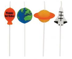 4 mini bougies Motif univers sur support en bois pour fêtes et anniversaires Bougies pour décoration de gâteaux Fusée Planète