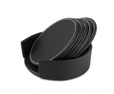 Sous-Verre, Likeluk Lot de 6 Sous-Tasses en Cuir Isolant avec Boîte de Rangement Décor pour Table Bureau Maison - Rond Noir