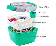 shopwithgreen Boîte à Salade 1300 ML Bento pour Le déjeuner, sans BPA, 3 Compartiments pour Salade et collations, saladier avec récipient pour Vinaigrette, Anti-Fuite, Passe au Micro-Ondes