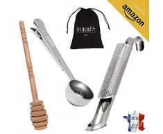 1 Infuseur Acier Inoxydable avec Filtre à Mailles Fines + 1 Cuillère Doseuse inox avec Fermoir Pince Sachet +1 Bâton Bois pour Miel. Accessoires Idéales pour Infusion Tisanes Thé en Vrac et Café Moulu