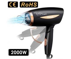 Hizek Seche Cheveux 2000W, Sèche Cheveux Ionique Professionnel avec Manche Pliable, 2 réglage de la température, 2 Vitesses, Protection Contre La Surchauffe, Noir
