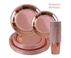 VAINECHAY 90pcs Kit Vaisselle Jetable Anniversaire Or Rose Assiette Dîner Tasse Papier pour Party Fête Mariages Baby Shower Noël
