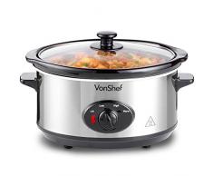 VonShef Mijoteuse électrique 3,5 L Acier Inoxydable - Autocuiseur basse température - Plat en céramique amovible avec couvercle en verre - Slow Cooker