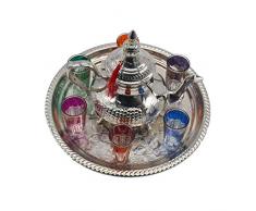 Service à thé modèle Maroc, théière 1 Litre + Plateau 38 cm de diamètre et 6 Verres typiques en Verre. Modèle : Tache.