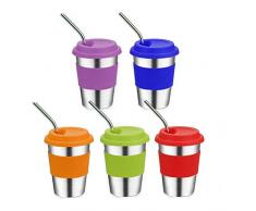 Chidi Toy Lot de 5 Tasses en Acier Inoxydable sans BPA avec couvercles en Silicone, Manchons et pailles pour Boissons Froides ou Chaudes pour Enfants et Les Adultes