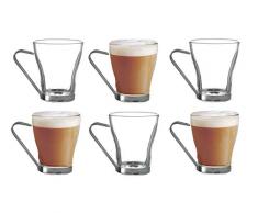NAPOLI Lot de 6 Tasses à café avec poignée en métal 22 cl 220 ML en Verre Transparent Expresso café Cappuccino thé glacé