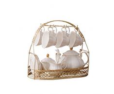 ufengke-ts 15 Pièces Service A Thé Anglais Blanc Simple,Théière,Bone China Tasse À Café,avec Cuillères Assorties en Métal,Service Café Porcelaine