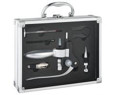Coffret sommelier professionnel 6 pièces rangées dans une valisette en ALU - Tire-bouchon pro en inox, coupe capsule, thermomètre à vin, bouchons