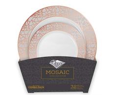 Decorline Mosaic - Service de Table Rose-Argent 32 pièces - Assiette Plastique Top Qualité - Assiettes Plates Épaisses et Durables - Ensemble Assiette Plastique Rigide Toute Occasion