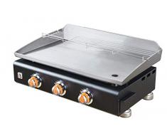 BRASERO – Plancha Silvia II G Noir 3 Feux Surface Cuisson 67 x 34 cm – 3 brûleurs – Plaque INOX – Grille de réchauffement – Piezo intégré – Tiroir Graisse – Jusquà 8/10 convives – 7,5 KW