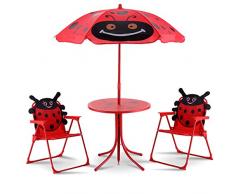 COSTWAY Salon de Jardin pour Enfants avec Motif des Coléoptères Ensemble deTable et 2 Chaises de Jardin avec Parasol Φ103 CM pour Terrasse Balcon et Plage Rouges