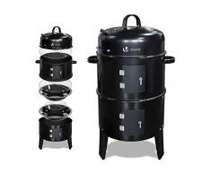 VOUNOT Barbecue Fumoir Smoker Multifonctions|BBQ 3 en 1 Thermomètre intégré|Barbecue Grill Charbon de Bois avec accroches|Fumoir Rond 3 grilles Grande Capacité| Fumoir Noir