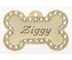 Bow Wow Meow Personnalisé Médaille pour Chien Bling avec Swarovski en Forme dOs Doré (Grand) | Service DE Gravure | Médaille pour Animal Domestique Personnalisée avec Cristaux incrustés