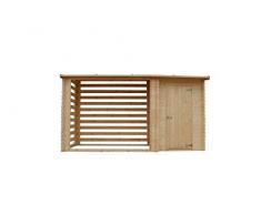 TIMBELA M205 Abri de Jardin en Sapin+ Chalet pour vélos/Bucher/Abri conteneur - Cabane de Jardin avec Toit Plat - 344 x 130 cm - 2,54 m2+1,1 m2