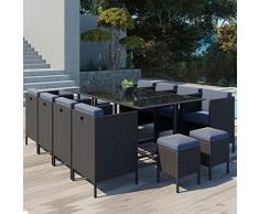 JFB Le Chupa : Salon de Jardin encastrable 12 Places en résine tressée Noire et Coussins Gris