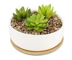 Pot à plantes en céramique et base en bambou | Jardinière succulente dintérieur et dextérieur | Pots blancs de cactus et de petites plantes dintérieur | M&W (Rond)