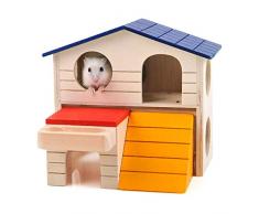 Only Maison/Maisonnette en Bois pour Hamster 2 étages avec Goulotte dalimentation - Maison De Hamster pour Hamster Nain Rat Gerbille Accessoire - Jouet Tunnel pour Petits Animaux - 17 X 16 X 15cm