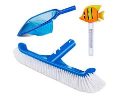 MASTERTOP Ensemble de Brosse Nettoyage pour Piscine en Aluminium 30 CM avec Poignée Clip Brosse de Paroi et Epuisette à Feuilles avec Jauge de Température