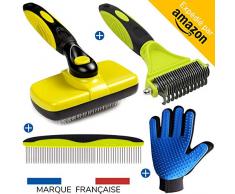 AU BEAU FIXE - Brosse Chien et Chat [4 Accessoires] de Toilettage pour Animaux Tout Type de Poil [Long/Court]: Brosse à Poils + Rateau Demelant + Peigne + Gant [30 Jours Satisfait ou Remboursé]