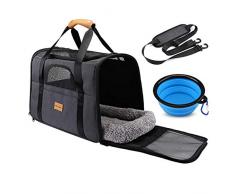 Morstone Sac Transport Chat Chien, Caisse de Transport Chat Respirant et Pliable Cage Transport Chat avec Matelas en Peluche Amovible + Bol
