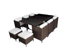 HABELOCK - Meubles de jardin en Résine Tressée Encastrables - Ensemble Table, Chaises, Poufs dExtérieur - Résistant aux intempéries - Coussins Doux et Hydrofuges - 10 sièges - Marron Beige