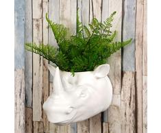 Walplus 2 IN 1Garden Décoration Cache-Pot Tenture Murale Faux Taxidermie Tête pour Mural Décor Animal Réplica Décoratifs Mount Art Sculpture Cadeau Blanc Rhinocéros Fleur Théière