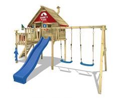 WICKEY Aire de jeux Smart Resort Portique bois Tour d'escalade avec balançoire toit en bois echelle à grimper Cabane, toboggan bleu + bâche jaune-bleu