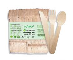 VIMOV 200 Pièce Coutellerie en Bois Jetable, Ustensiles Biodégradables écologiques pour fête, Anniversaire, Camping, Pique-Nique, Barbecue, événement (100 fourchettes en Bois, 50 Couteaux, 50 cui)