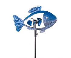 CIM Girouette métallique - Poisson Bleu Marine - Hauteur Totale avec Tige de Support : 140cm - Longueur du Poisson: 30cm - hélice Ø 10cm - avec roulement à Billes - résiste aux intempéries