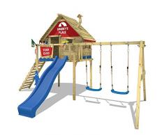 WICKEY Portique bois Smart Sky Aire de jeux Tour descalade avec 2 sièges de balançoire toit en bois et toboggan, toboggan bleu + bâche rouge-bleu