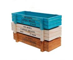 WSERE Lot de 3 Jardinière en Bois Vintage Pot de Fleur Rustique pour Plante Succulente Herbe Charnue Fleur Lit Pot Rectangle Creux Boîte (Bleu, Blanc, Marron)