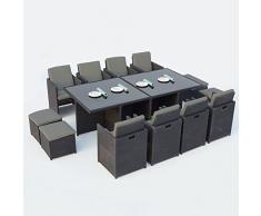 JFB Le Sherka : Salon de Jardin encastrable 12 Places en résine tressée Noir Coussins Gris