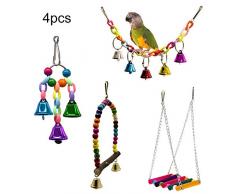 4 pcs/Ensemble Jouet De Cage De Perroquet Suspendu Balançoire Socle Suspendu Pont Cloche Corde Balançoire Oiseaux Jouets Cloche De Bois Coloré Perles, Petites Cages Perruche Accessoires Décoratifs