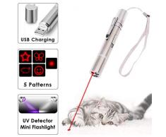 Jouets de chat Pointeur de LED, Rechargeable par USB 3 en 1 Une fonction, Mini lampe de poche + Lumière rouge + Lumière UV, Interactif Lumière de commande, Outil de formation pour Chat Chien Chaser