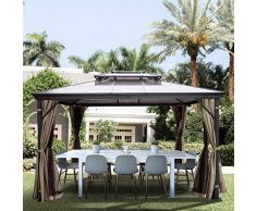 VEVO Pavillon de Jardin 10x10pi, Tonnelle de Jardin Aluminium, Grande Tente de Jardin Réception Pavillon Marron, Gazebo en Bois Massif et Balcon Privé avec Moustiquaire