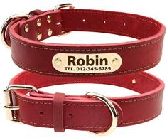 TagME Collier de Chien en Cuir Personnalisé,Médaille Gravée avec Nom et Numéro de Téléphone,Cuir Véritable épais,Convient aux Chiens de Taille Moyenne,Rouge Corail
