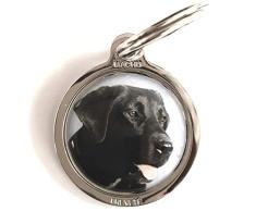 Machu - Médaille chien LABRADOR NOIR - Chromée - Alliant robustesse et esthétique - Dôme polymère translucide: haute résistance aux frottements, chocs, Eau, UV . + 50 races dispo. Gravures profondes et soignées OFFERTES.