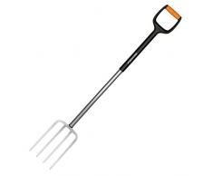Fiskars Fourche à bêcher pour sol dur et caillouteux, 4 dents, Longueur: 120 cm, Dents en acier de qualité/Poignée en plastique renforcé de fibre de verre, Noir/Orange, Xact, Taille: L, 1003685