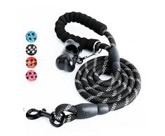 Laisse Chien, Laisse Corde pour Chien avec Poignée Rembourrée Douce, Fils Très Réfléchissants, Sacs à Déchets et Distributeur pour Chien, 1,5 m Corde Laisse pour Tous Les Chiens de Taille, Noir