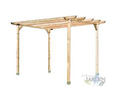 Pergola en bois pour jardin et porche 240 x 240 x 250 cm. Présentation : 4 poteaux 9 x 9 x 250 cm, 2 traverses 240 cm, 4 lattes 240 cm et 4 équerres.
